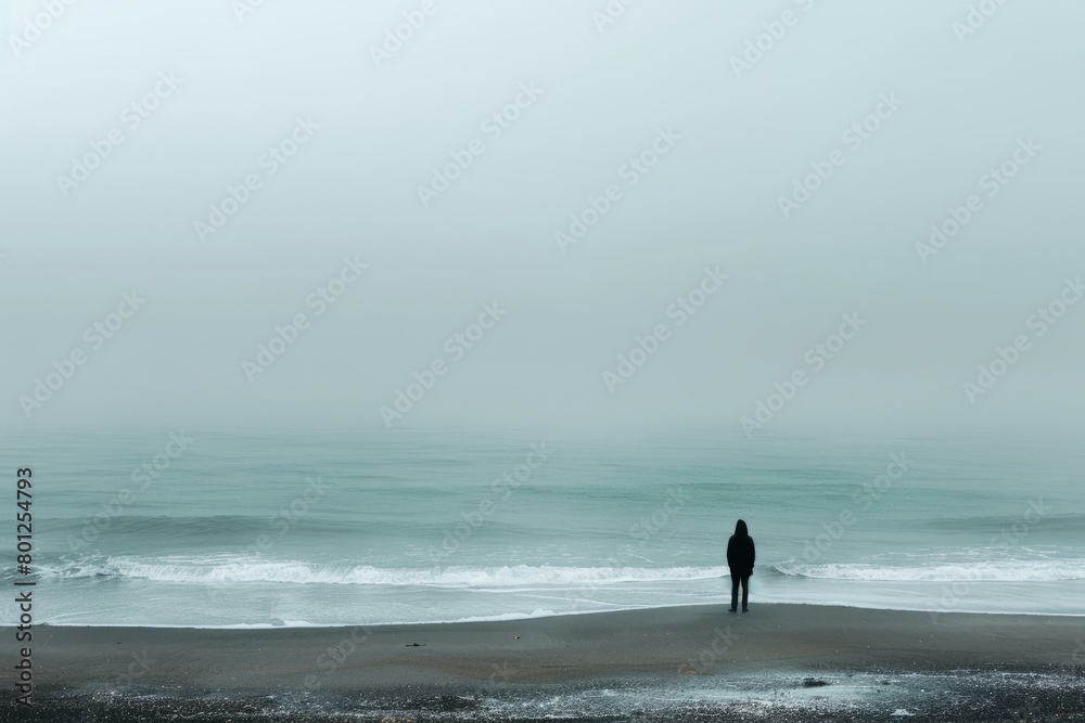 Man standing alone on beach looking out at foggy sea Man standing alone on beach looking out at foggy sea