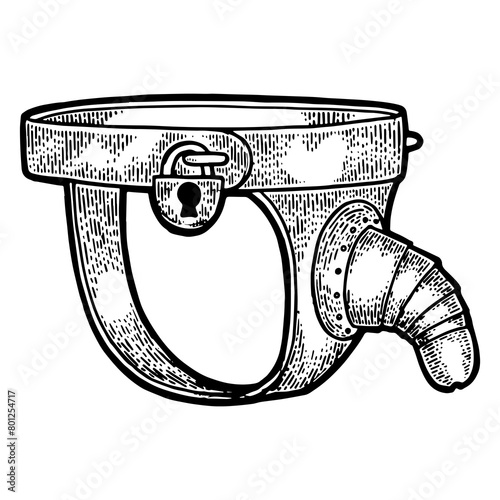 Foto Male Chastity belt medieval torture device sketch engraving PNG illustration