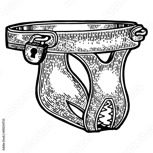 Female Chastity belt medieval torture device sketch engraving PNG illustration. Scratch board style imitation. Hand drawn image. photo