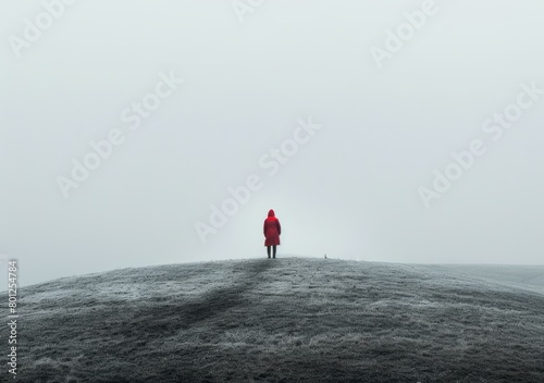 Person in red coat standing alone on a hilltop in the fog