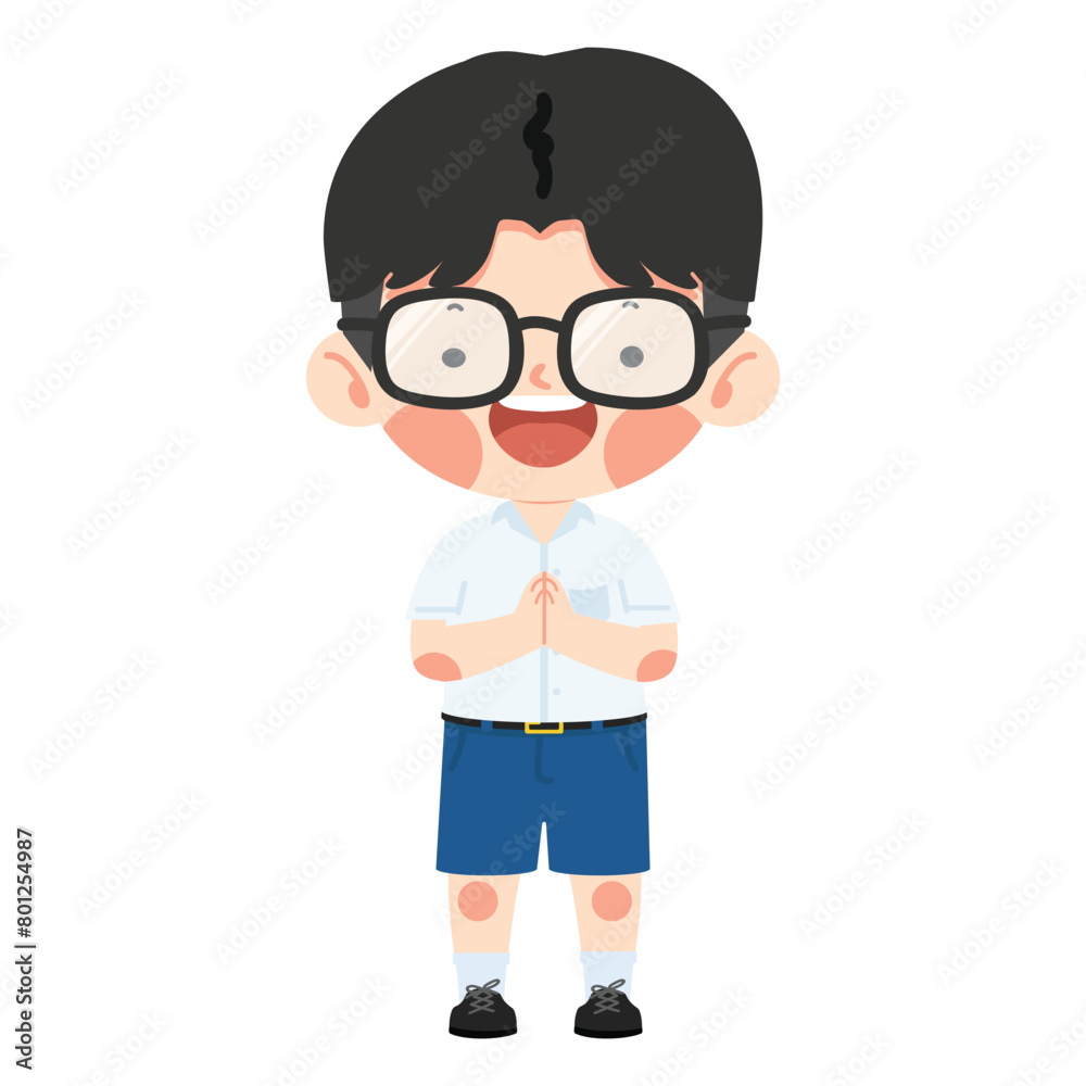 Kid thai student with glasses greeting sawasdee Kid thai student with glasses greeting sawasdee