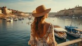 Blonde woman in a straw hat looking at the harbor