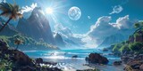 fantasy landscape with blue ocean and green mountains