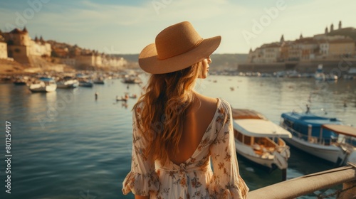 Blonde woman in a straw hat looking at the harbor photo