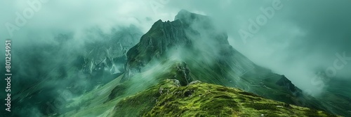 Green mountains and fog
