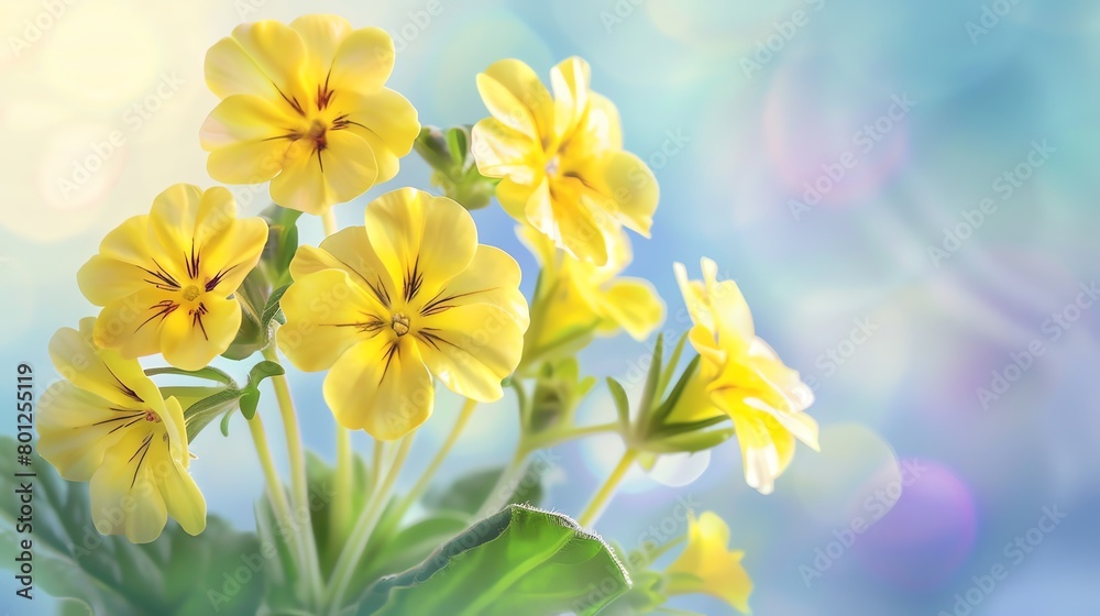 Bright yellow primrose, soft sky blue background, spring gardening magazine cover, crisp morning light, central focus Bright yellow primrose, soft sky blue background, spring gardening magazine cover, crisp morning light, central focus
