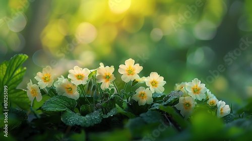 Cluster of primroses, vibrant green background, nature photography magazine cover, bright daylight, slightly offcenter