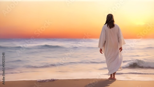 Watercolor Painting of Jesus Christ at Beach Capturing the Spiritual Symbolism of Faith at Sunset by the Ocean