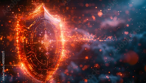 Quantum Shield, shimmering shield enveloping a digital landscape, safeguarding it from quantum threats. photo