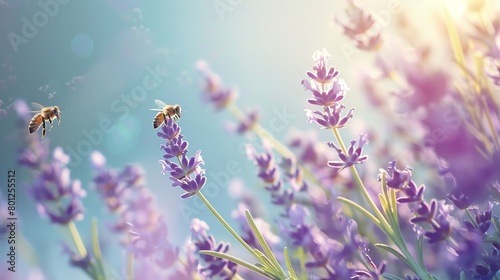 Lavender and bees  soft sky blue background  environmental awareness magazine cover  soft backlight  centered and lively