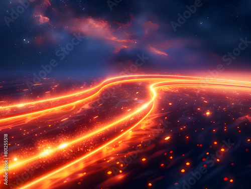 An abstract dark background, orange light trails, and stars glowing speed lines on the curved tracffic