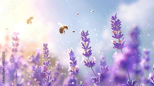 Lavender and bees  soft sky blue background  environmental awareness magazine cover  soft backlight  centered and lively