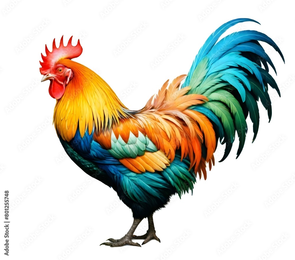 A colorful rooster with vibrant feathers in shades