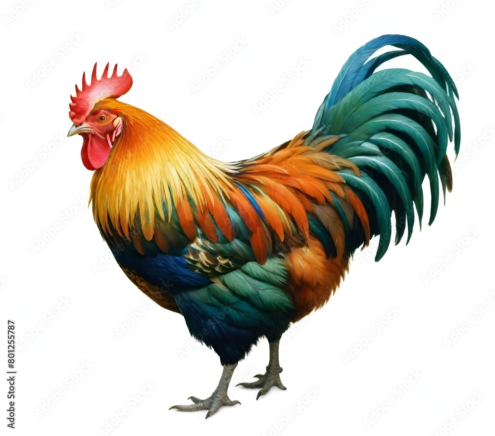 A colorful rooster with vibrant feathers in shades