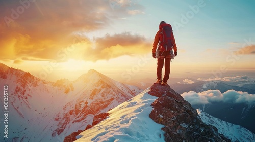 Mountaineer on the summit of a mountain watching the sunset