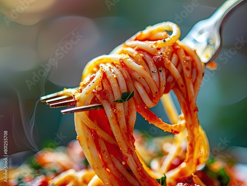 twirling a forkful of perfectly cooked pasta, coated in rich tomato sauce. With each bite, you savor the combination of tender noodles and savory sauce, bursting with the flavors of ripe tomatoes,  ©  Photography Magic