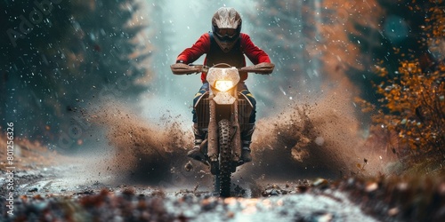 Dirt bike rider going really fast through the mud