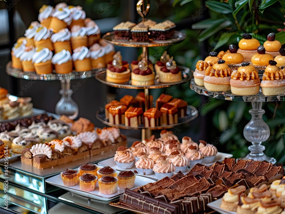 stylish and luxurious table adorned with an exquisite array of desserts, set against the backdrop of a romantic wedding celebration. Delicate pastries, decadent cakes, 