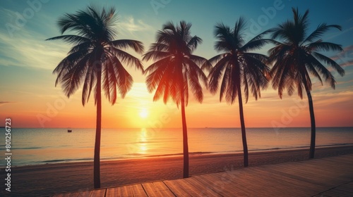 Palm trees on a tropical beach at sunset