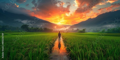 Lonely farmer in a golden rice field watching the sunset