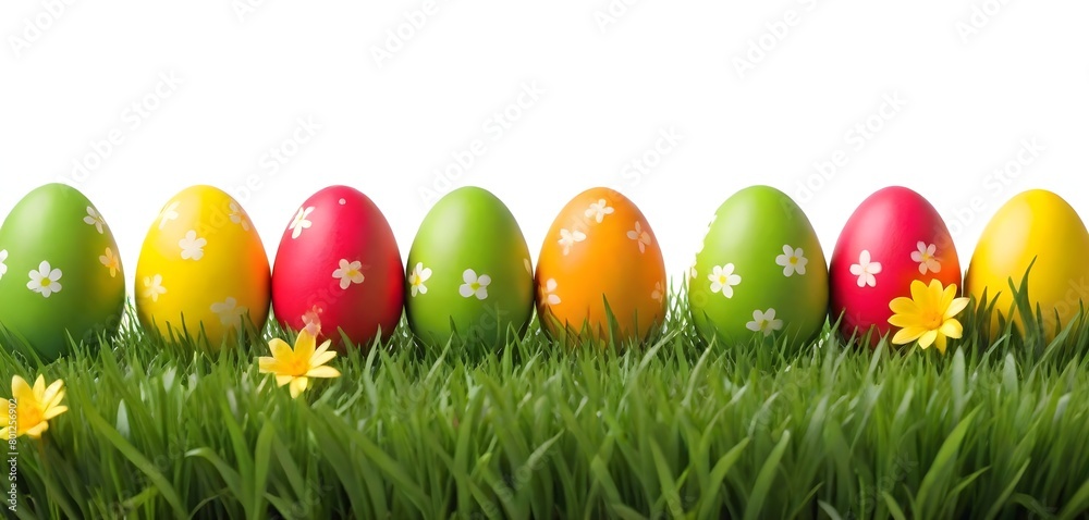Colorful Easter eggs in green grass with flowers