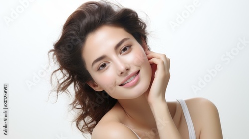 Portrait of a beautiful young woman with brown hair and light makeup smiling and touching her face