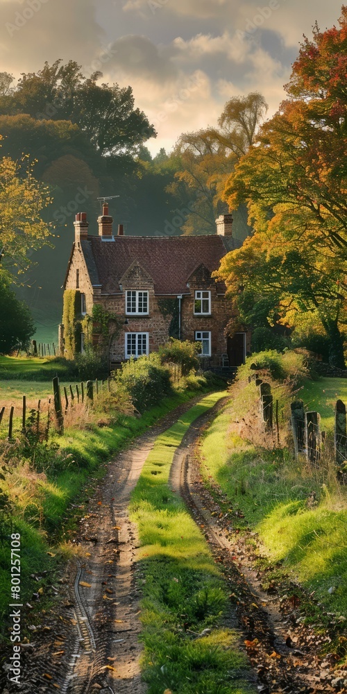 Countryside Cottage With Trees In Autumn