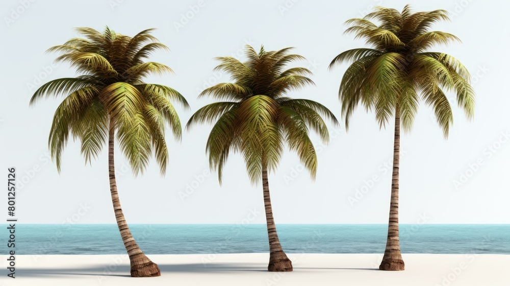 Obraz premium Three palm trees on a beach with white sand and blue ocean
