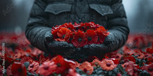 Solemn wreath laying ceremony at war memorial, focus on hands and wreath, blurred background of attendees. © Manyapha