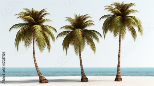 Three palm trees on a beach with white sand and blue ocean