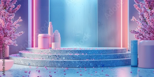 Blue and pink podium with cosmetic products and cherry blossoms photo