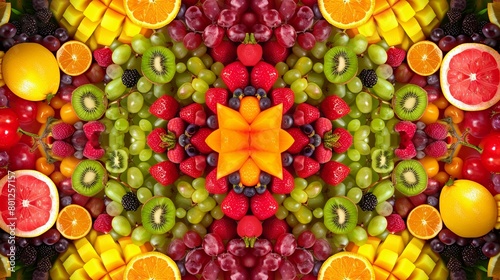 A vibrant, colorful kaleidoscope of fruits. Ideal for businesses focused on fruit desserts and puddings. Background features kaleidoscopic patterns of various fruits. Generative AI.