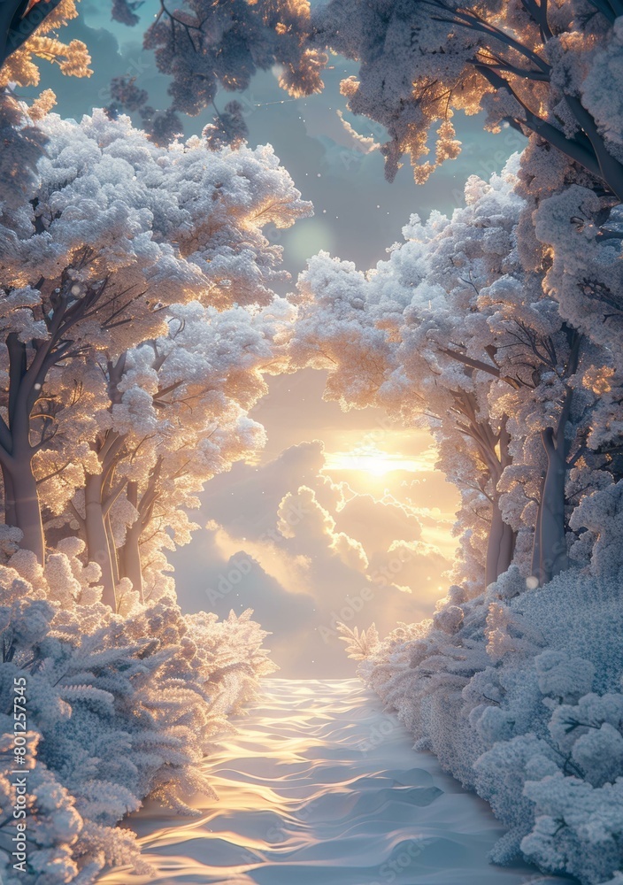 A winter wonderland of snow-covered trees and a bright shining sun