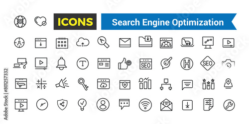 SEO Outline Web Icons Set - Search Engine Optimization, Thin Line Web Icon Collection, Icon collection. Editable vector illustration.