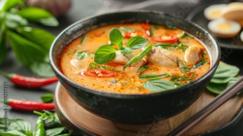 A bowl of fragrant Thai soup garnished with fresh herbs and sliced chili peppers, inviting viewers to savor the complex flavors of Thai cuisine.