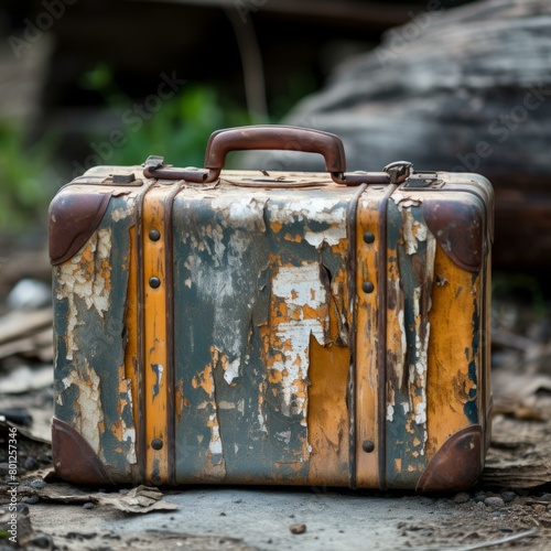 weathered suitcase sits on the ground photo