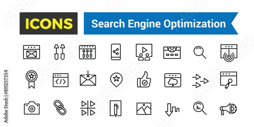 SEO Outline Web Icons Set - Search Engine Optimization, Thin Line Web Icon Collection, Icon collection. Editable vector illustration.