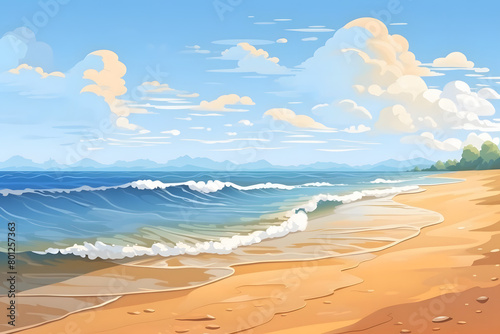 Sunlit Seashore, Tranquil Scene on a Summer Day. Realistic Beach Landscape. Vector Background