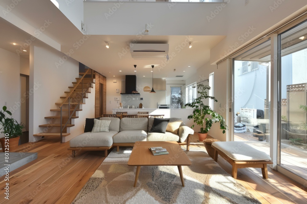 Fototapeta premium Bright and Airy Japanese Living Room With High Ceiling