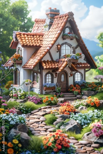 Small fantasy house in the middle of a lush flower garden