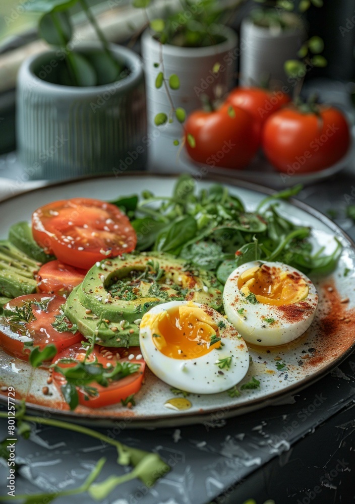 Healthy breakfast with avocado, tomato and boiled egg Healthy breakfast with avocado, tomato and boiled egg