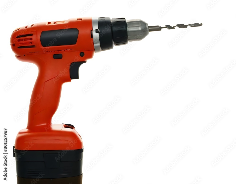 A cordless power drill with a drill bit attached