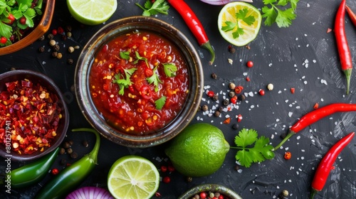 A bowl of spicy Thai dipping sauce surrounded by ingredients like chili peppers and lime, enticing viewers with the tantalizing flavors of Thai cuisine. photo