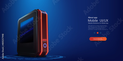 A modern gaming PC with sleek design and vibrant neon lights, set against a dynamic blue background. Gaming computer glow in dark table. Vector illustration © ZinetroN