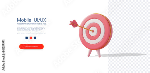 Perfect Shot on a Pink Target with Arrow. A 3D illustration of a perfectly aimed arrow hitting the bullseye on a pink and white target, symbolizing precision and achievement. Vector illustration
