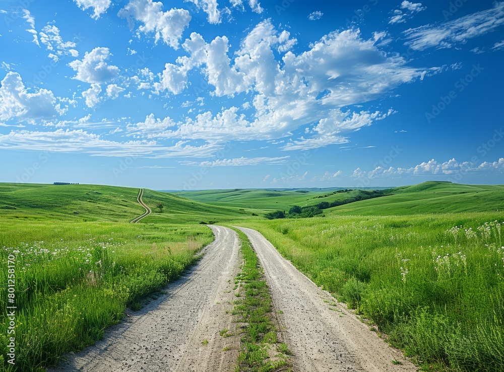 Country road through a lush green hilly landscape