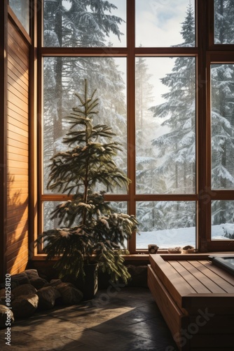 A potted pine tree sits in front of a large window