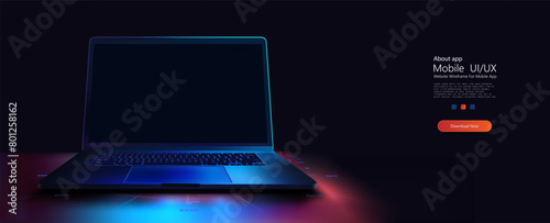 Futuristic mockup Laptop with Blue Backlight on Dark Background. A 3D illustration of an open laptop illuminated by a neon blue light on a dark backdrop, showcasing modern technology and connectivity. photo