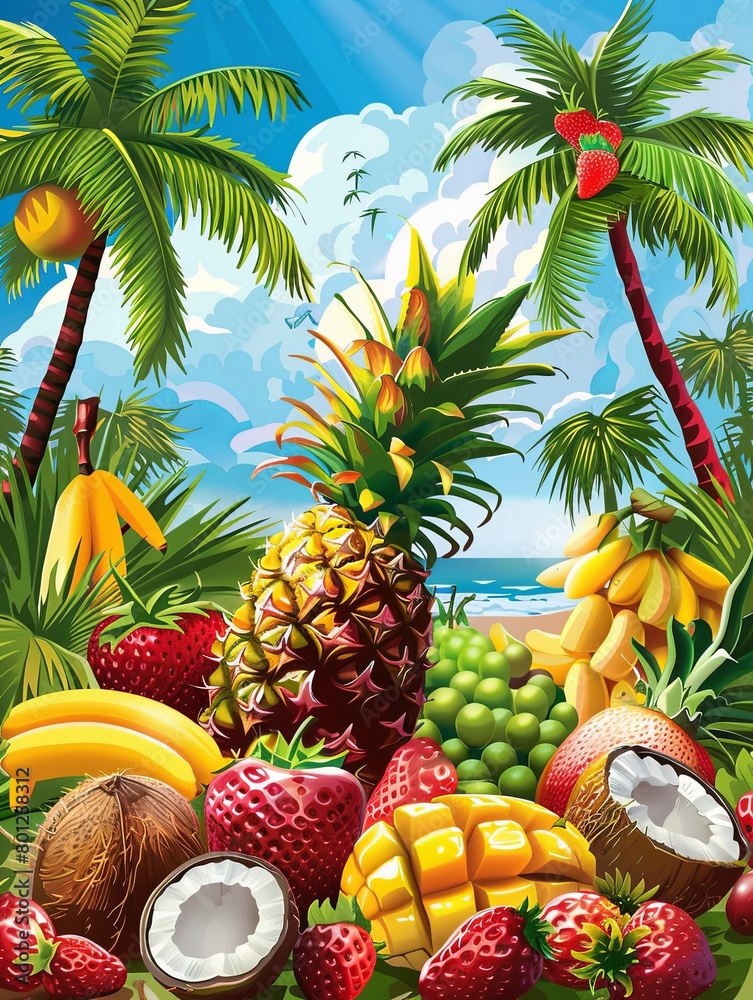 Fruit Paradise is an ideal option for producers of exotic fruits and fruit desserts. showcases picturesque paradise landscapes adorned with palm trees and coconuts, a sense of tropical abundance. Fruit Paradise is an ideal option for producers of exotic fruits and fruit desserts. showcases picturesque paradise landscapes adorned with palm trees and coconuts, a sense of tropical abundance.