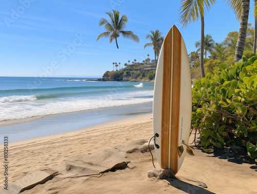 A surfboard leaning against a palm tree, with the ocean waves in the background, under a clear sky © amidsummersicecr